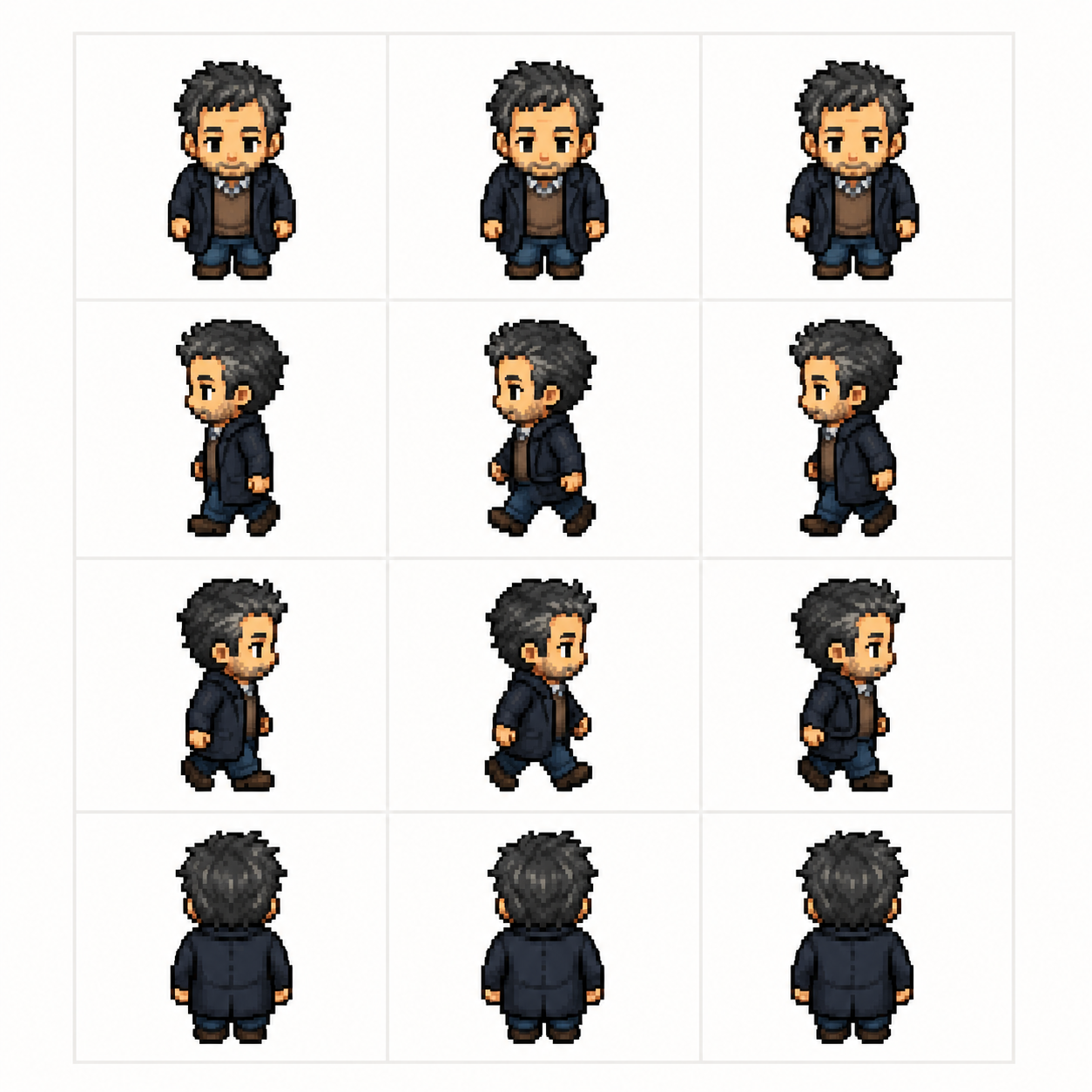 Pixel-art sprite studies of the protagonist from multiple angles and poses