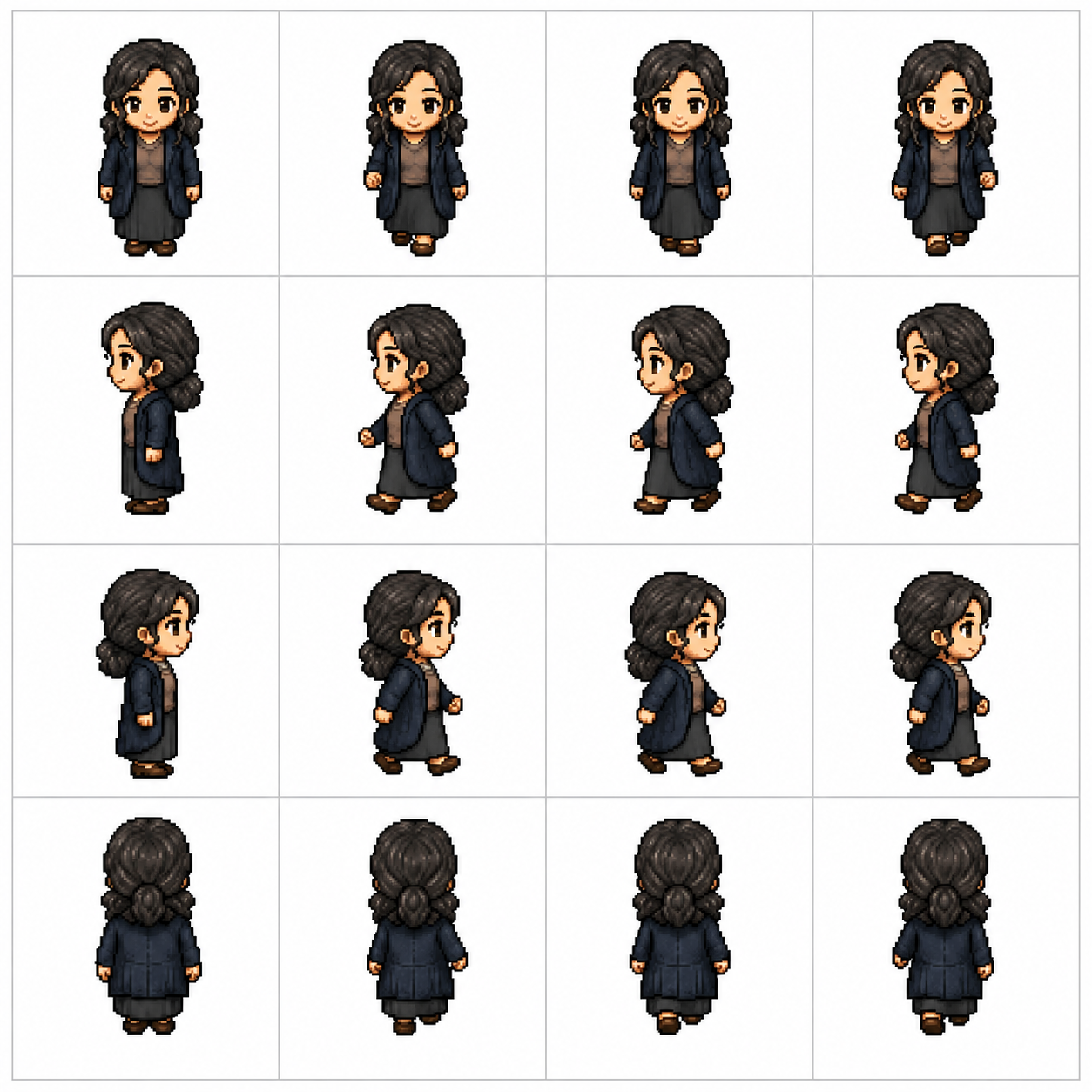 Pixel-art sprite studies of the protagonist's wife from multiple angles and poses